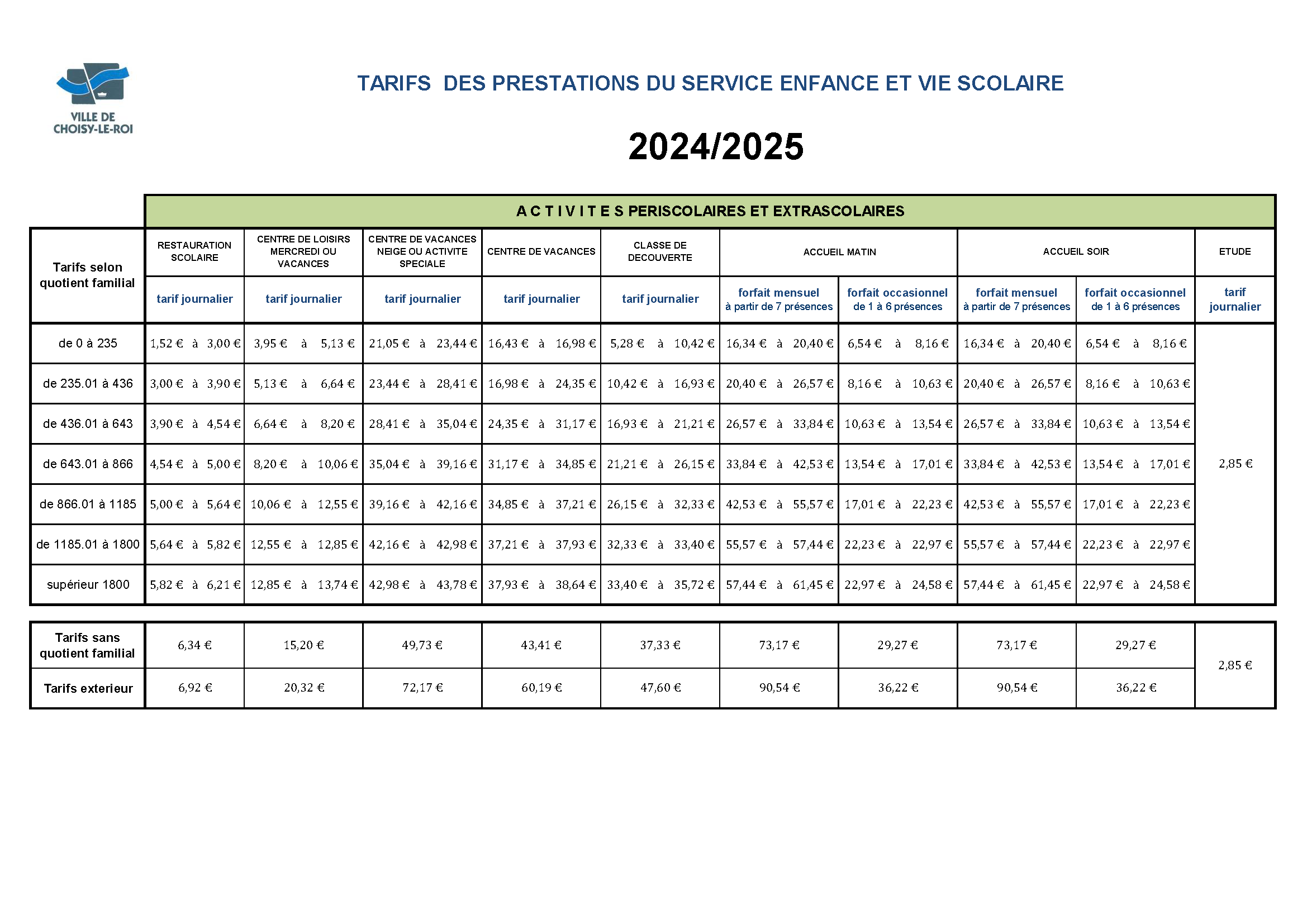 Grille des tarifs des activités