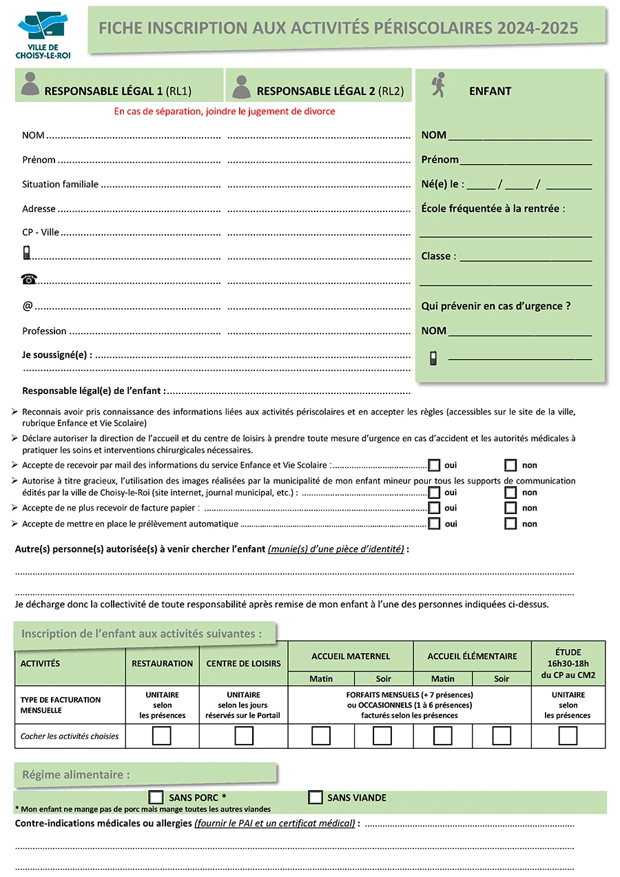 Accueils périscolaires et pause méridienne 6 Formulaire d'inscription aux activités péri et extrascolaires