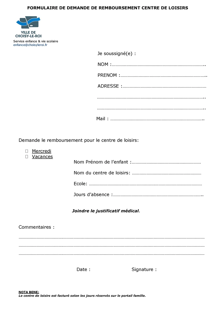 Centres de loisirs 8 Formulaire de demande de remboursement centre de loisirs