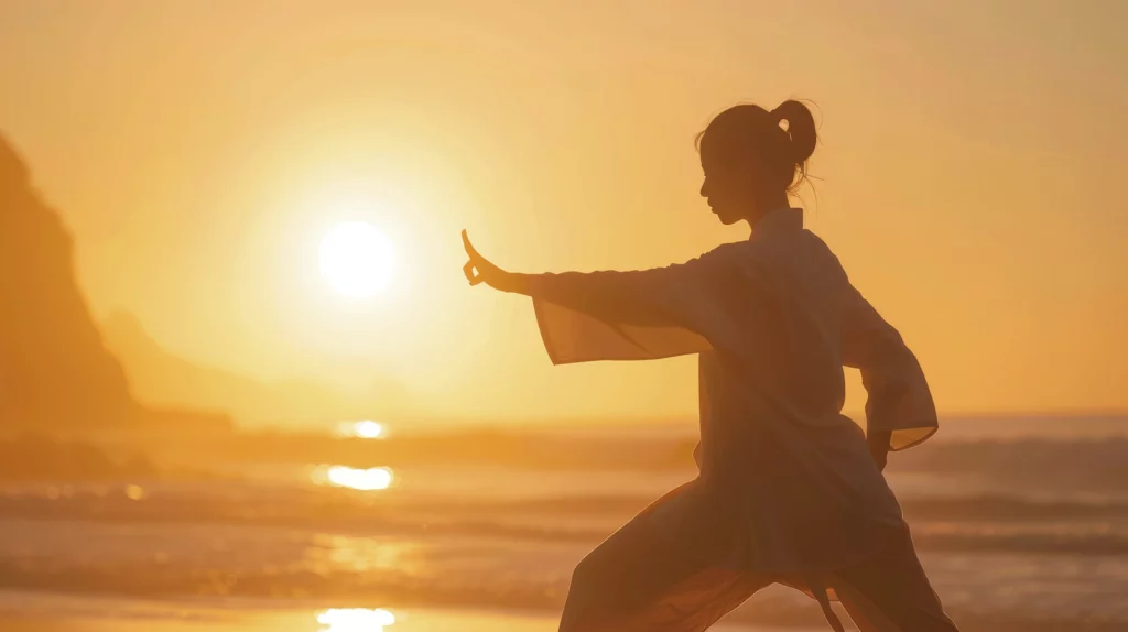 woman practices tai chi beach sunset embodying serenity balance aig62