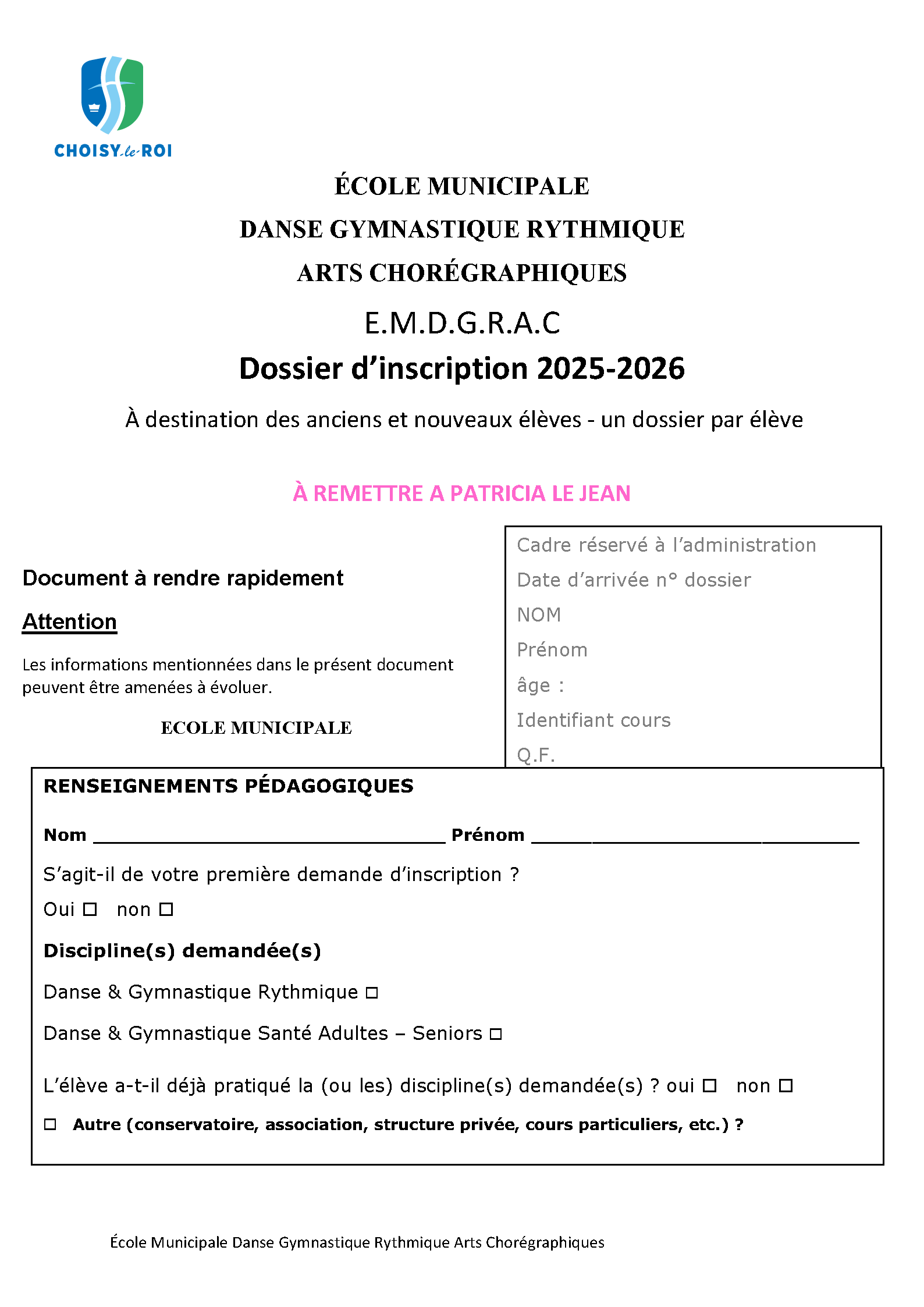 École de danse 1 Dossier d'inscription et tarification