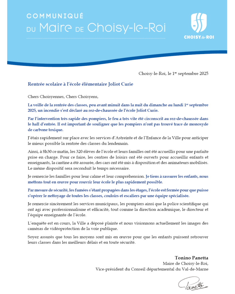 Communiqué du Maire - École élémentaire Joliot Curie 1 mairie choisyleroi communique presse incendie joliot curie