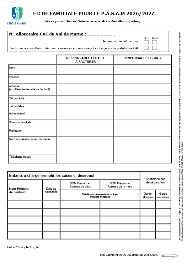 Fiche familiale P.A.S.A.M